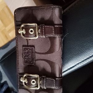 Coach brown leather and canvas buckle detail wallet